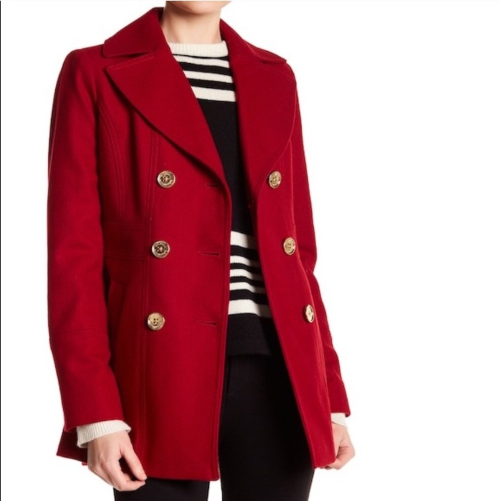 MICHAEL KORS Red Double Breasted Wool Pea Coat